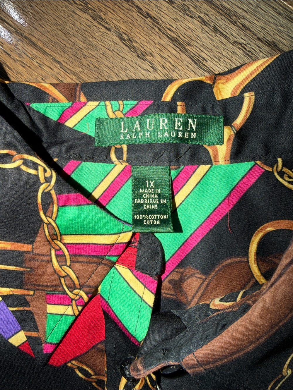 Lauren Ralph Lauren 1X Equestrian Print Button Front Shirt Black 100% Cotton - Picture 3 of 4